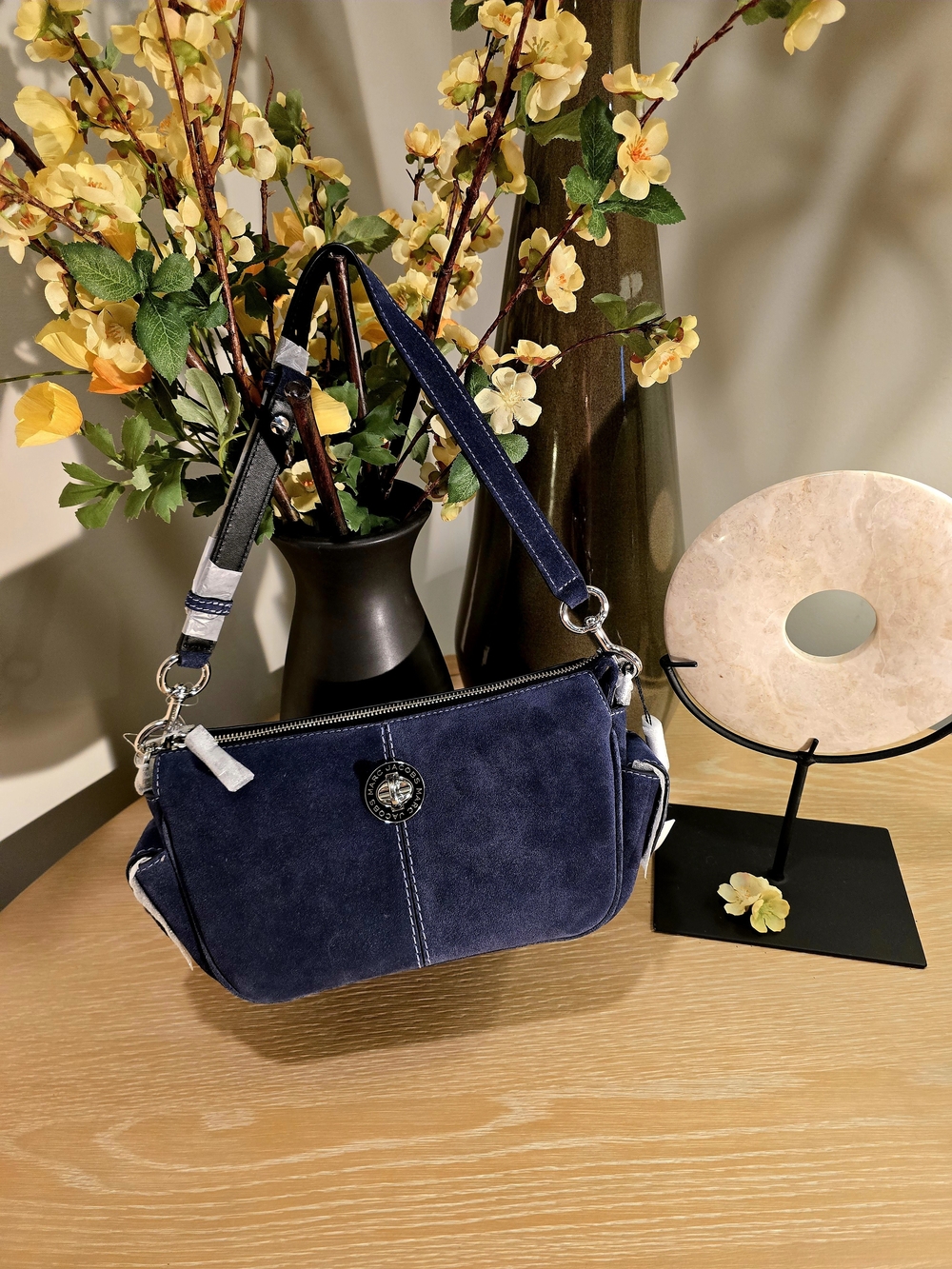Marc Jacobs Navy Suede Shoulder Bag with Silver Hardware